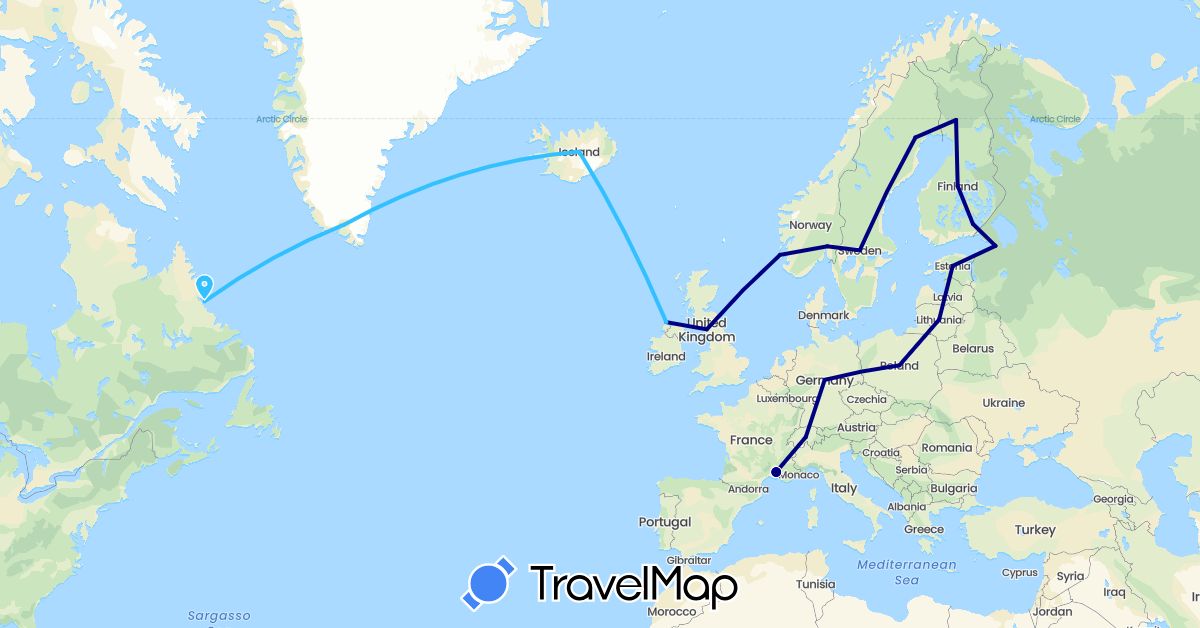 TravelMap itinerary: driving, boat in Canada, Switzerland, Germany, Estonia, Finland, France, United Kingdom, Greenland, Ireland, Iceland, Lithuania, Norway, Poland, Russia, Sweden (Europe, North America)